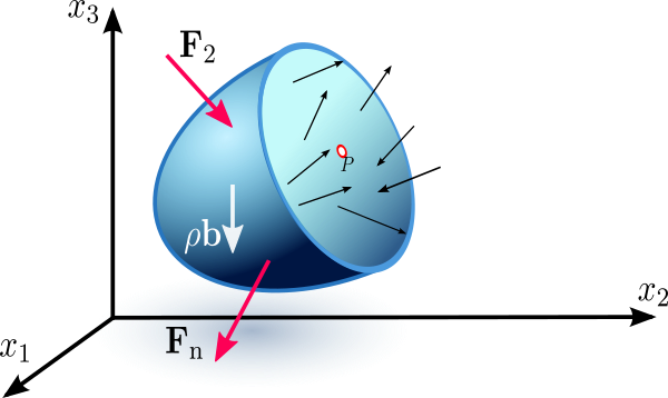 The left half of the cut blue body is shown. The flat, circular cut surface has many small black arrows pointing outwards, representing the distribution of internal forces.