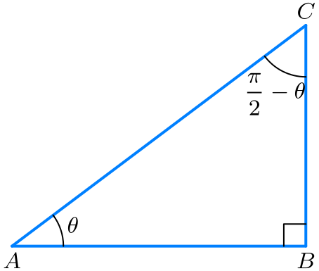 Complementary angles theta and pi/2 minus theta in right triangle