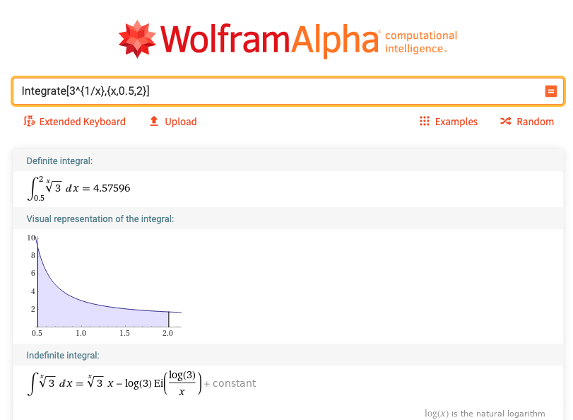 Numerical evaluation of the integral of 3 to the power 1 over x from 0.5 to 2