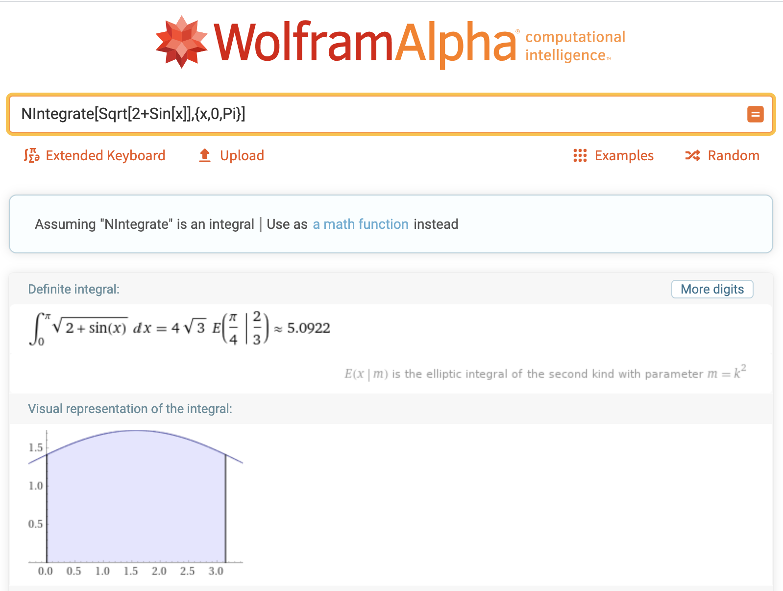 Numerical evaluation of the integral of the square root of 2 plus sine x from 0 to pi