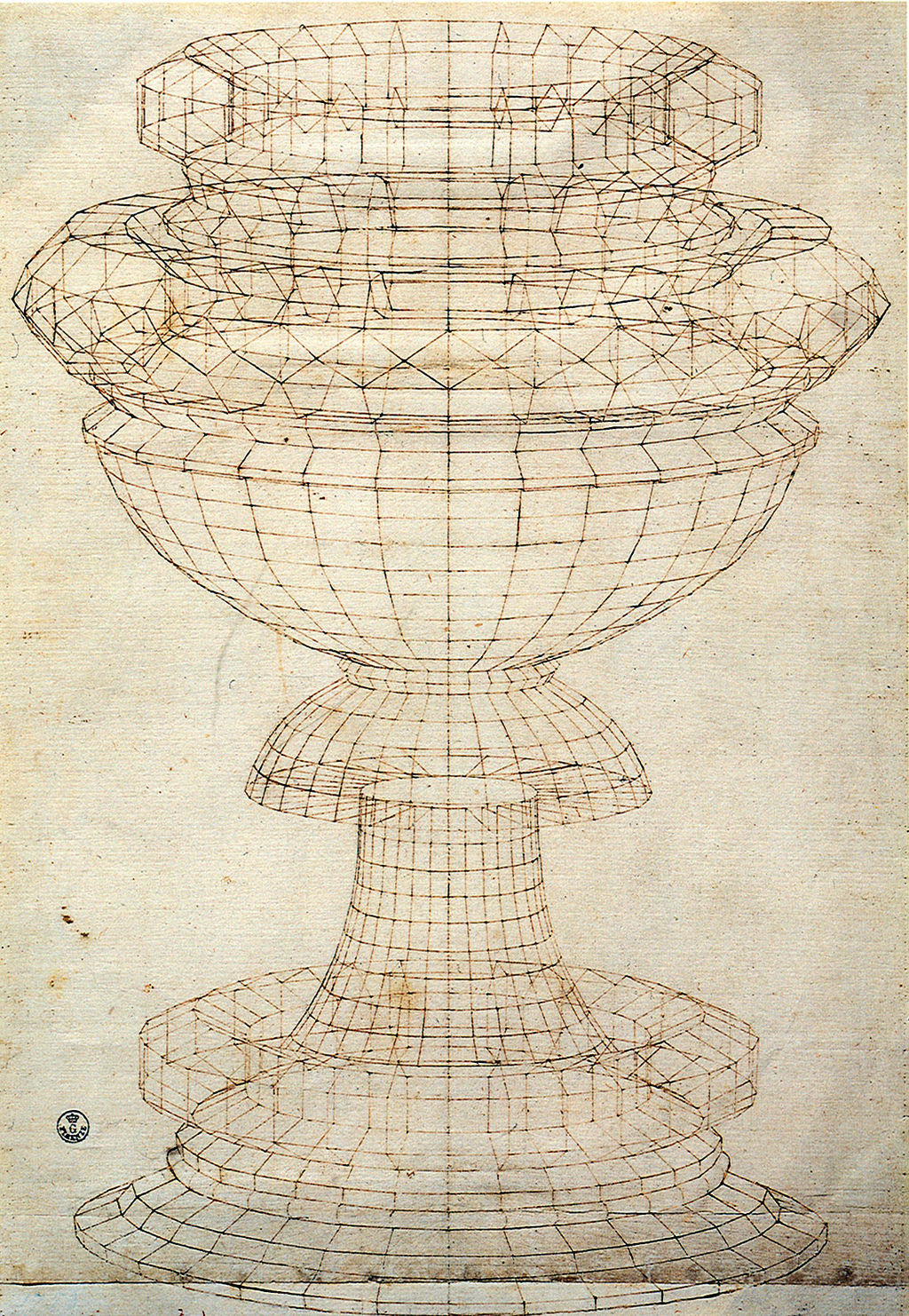 Renaissance perspective drawing of a vase built as a solid of revolution, its profile curve swept around a vertical axis.