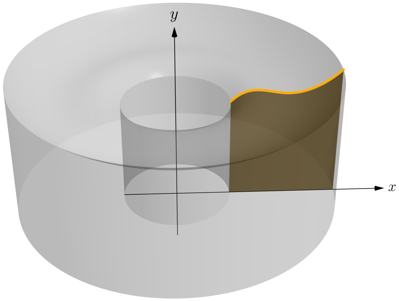 The solid swept out when the region R makes a full turn about the vertical y-axis, hollow along the axis.