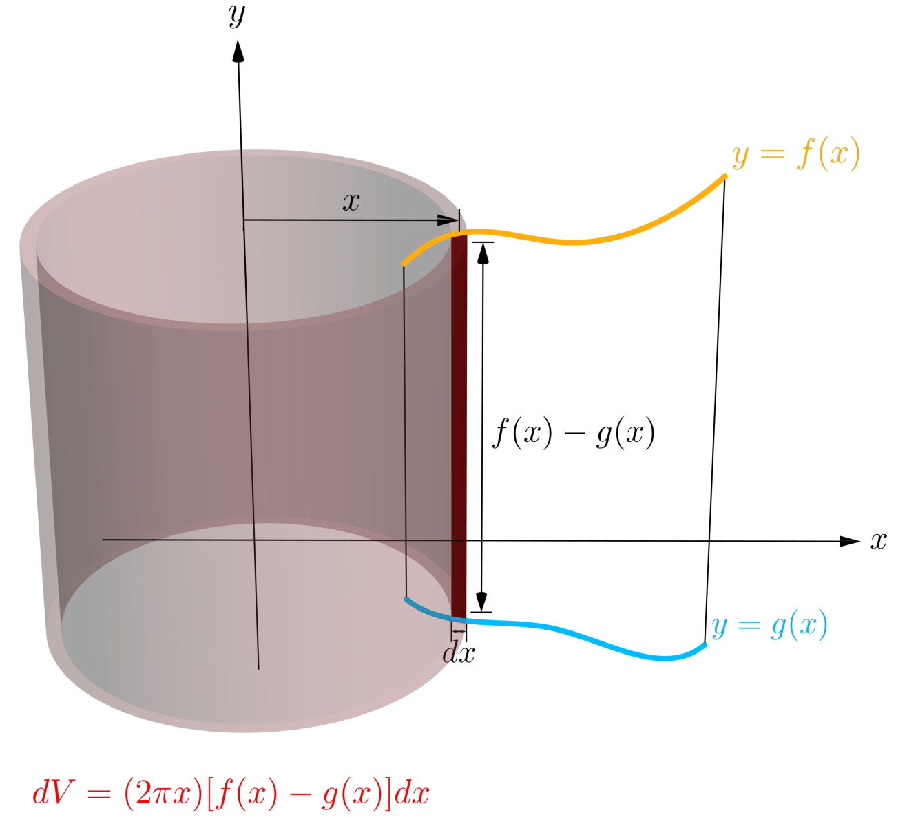 A region bounded above by y = f(x) and below by y = g(x), with a vertical rectangle of height f(x) minus g(x) standing at distance x from the y-axis.