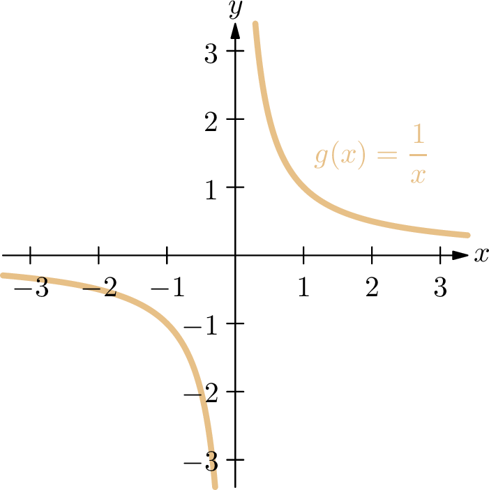 Graph of g(x) = 1/x, a hyperbola symmetric about the origin.