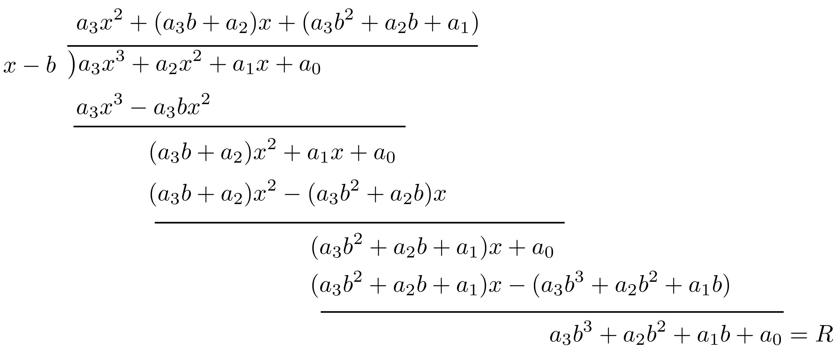 The synthetic division tableau: the bottom row gives the coefficients of $q(x)$ followed by the remainder $r$.